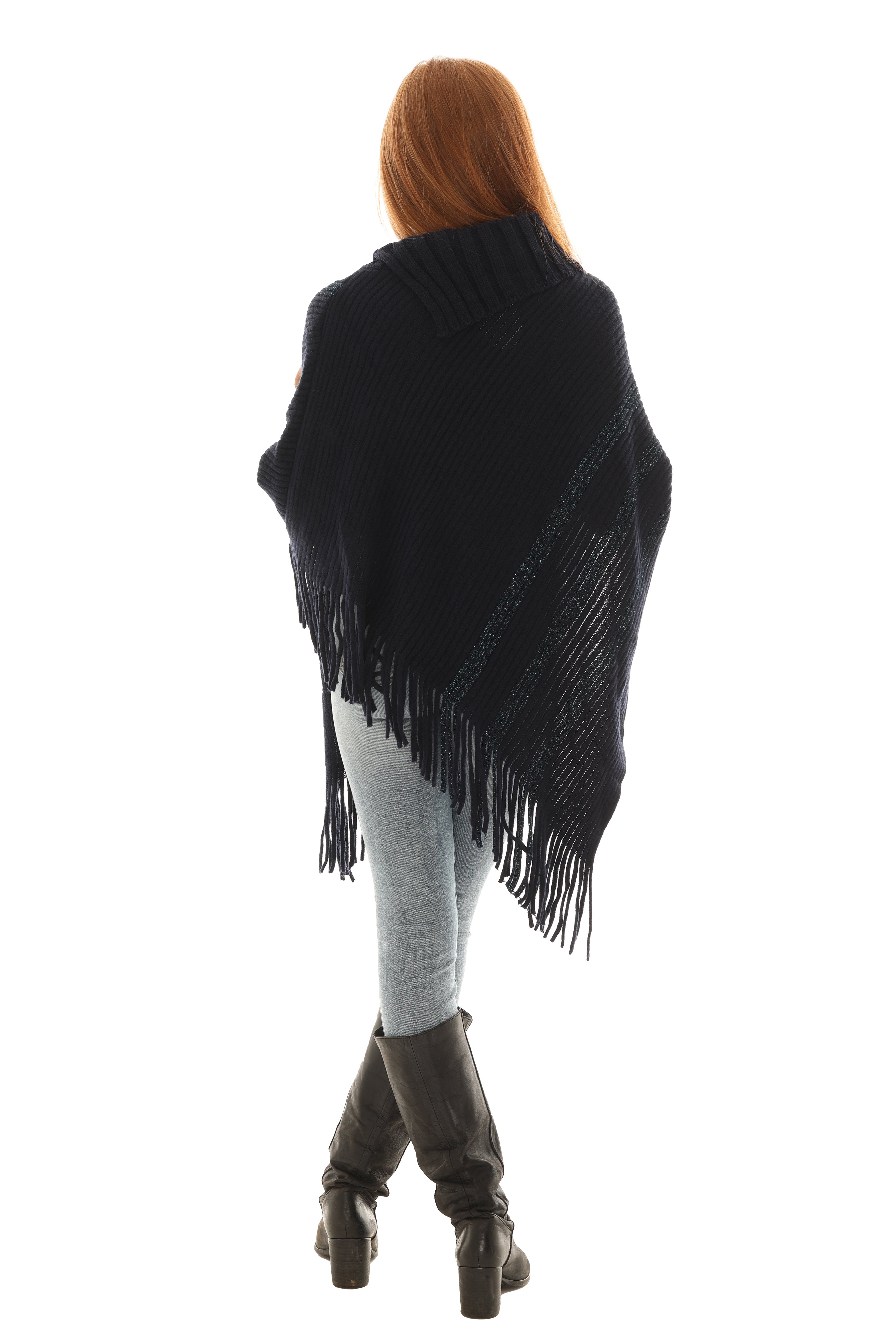 Buttoned Cowl Neck Fringe Poncho