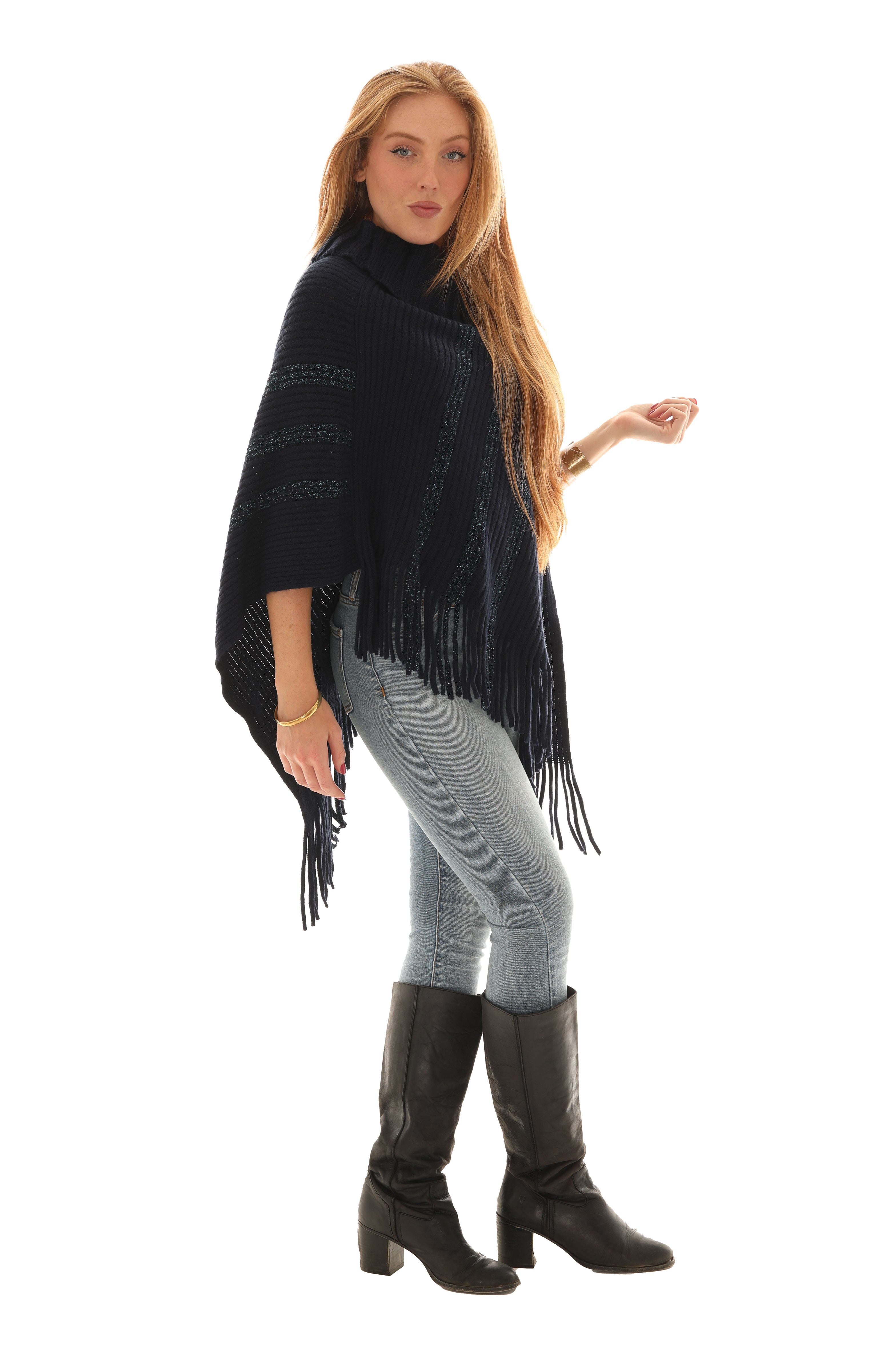 Buttoned Cowl Neck Fringe Poncho