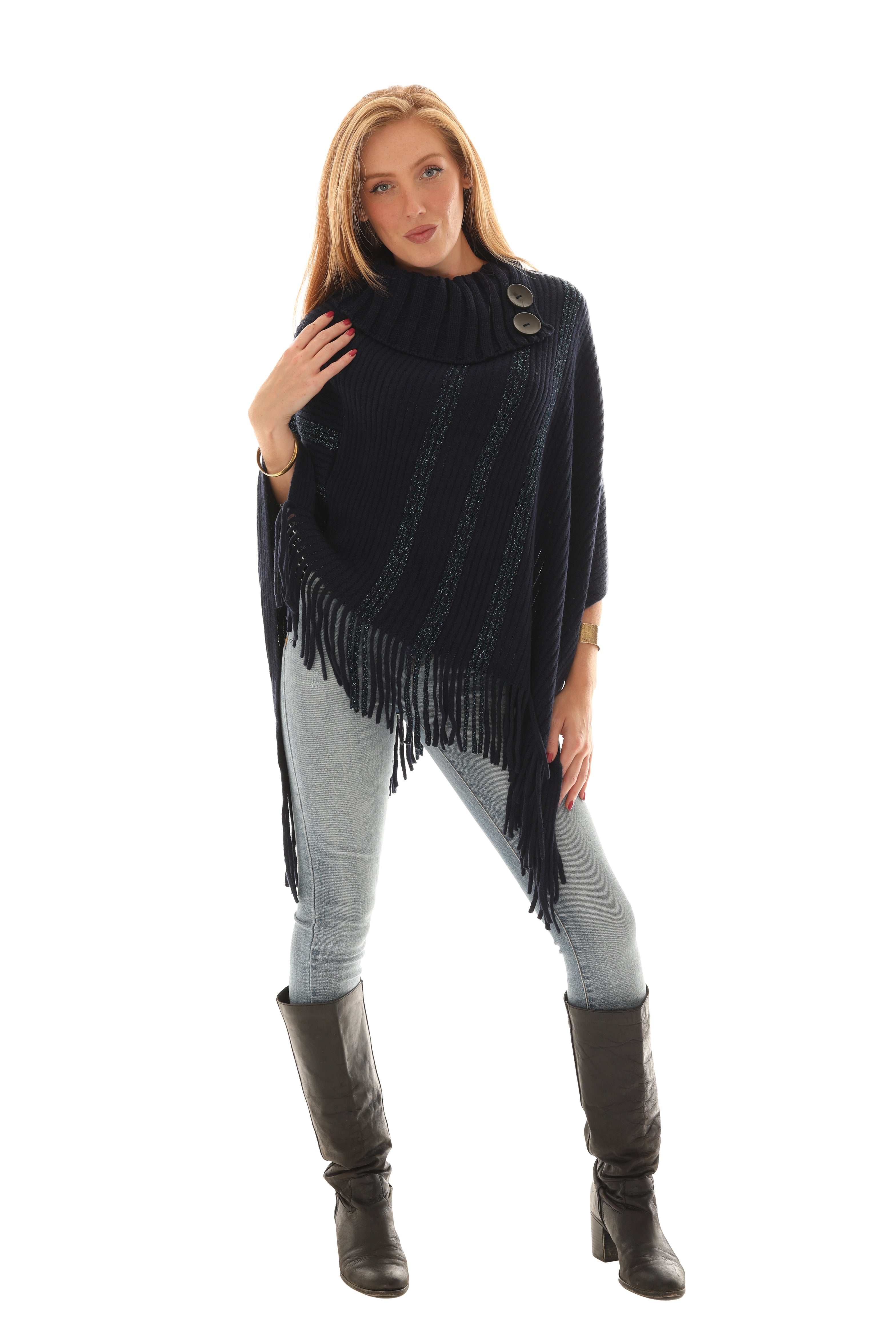 Buttoned Cowl Neck Fringe Poncho