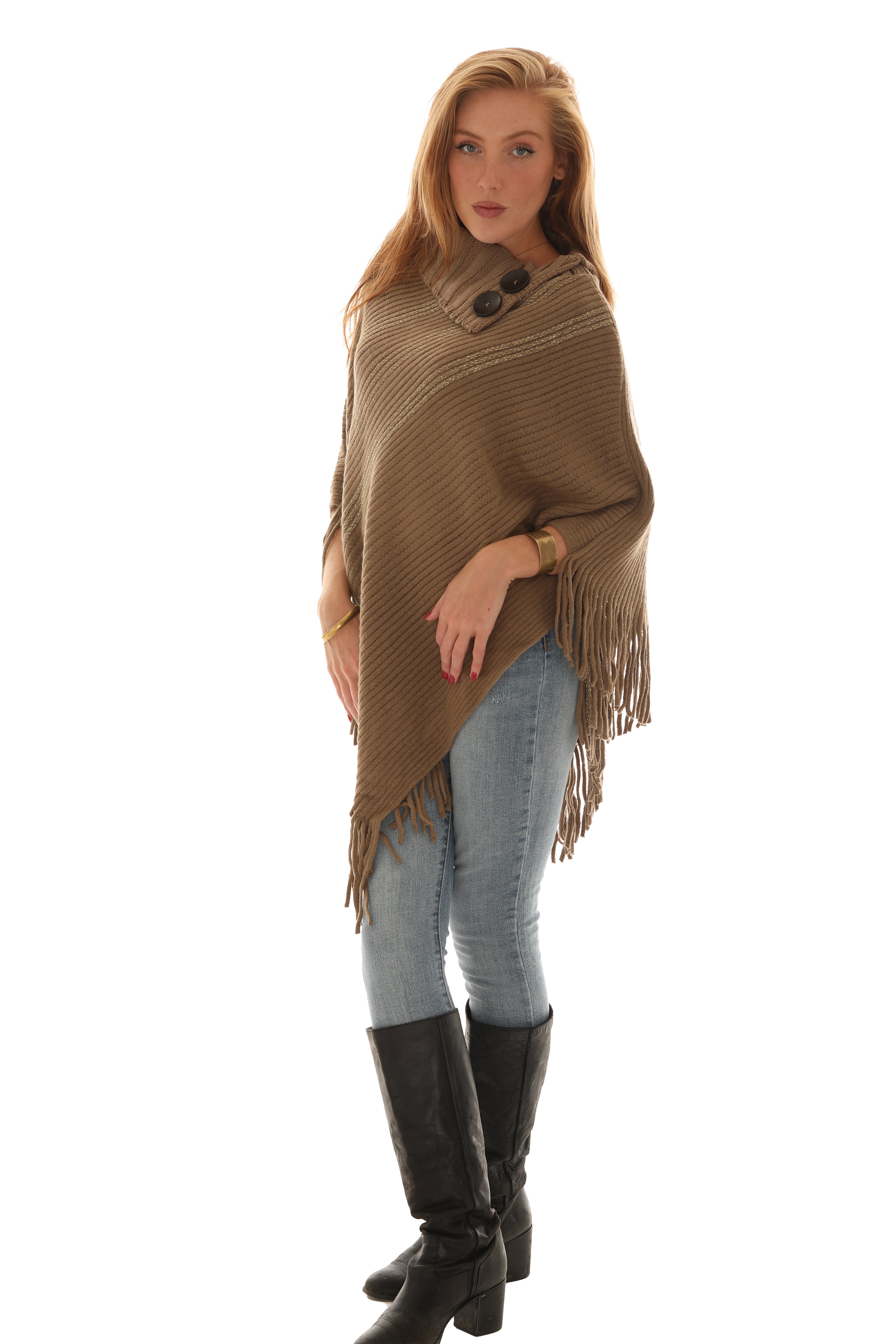 Buttoned Cowl Neck Fringe Poncho