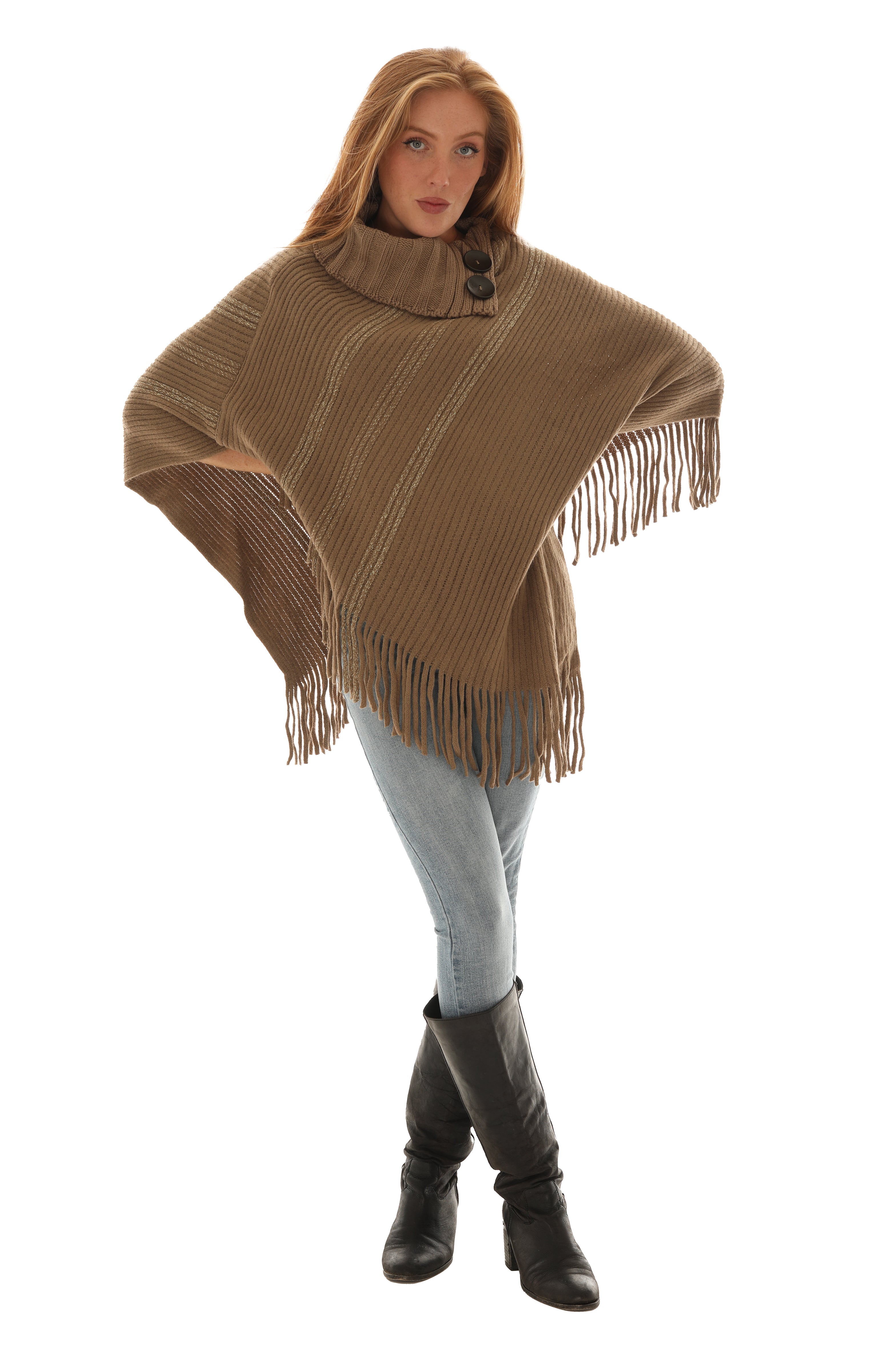 Buttoned Cowl Neck Fringe Poncho