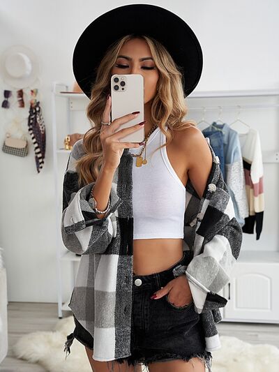 Plaid Button Up Dropped Shoulder Jacket