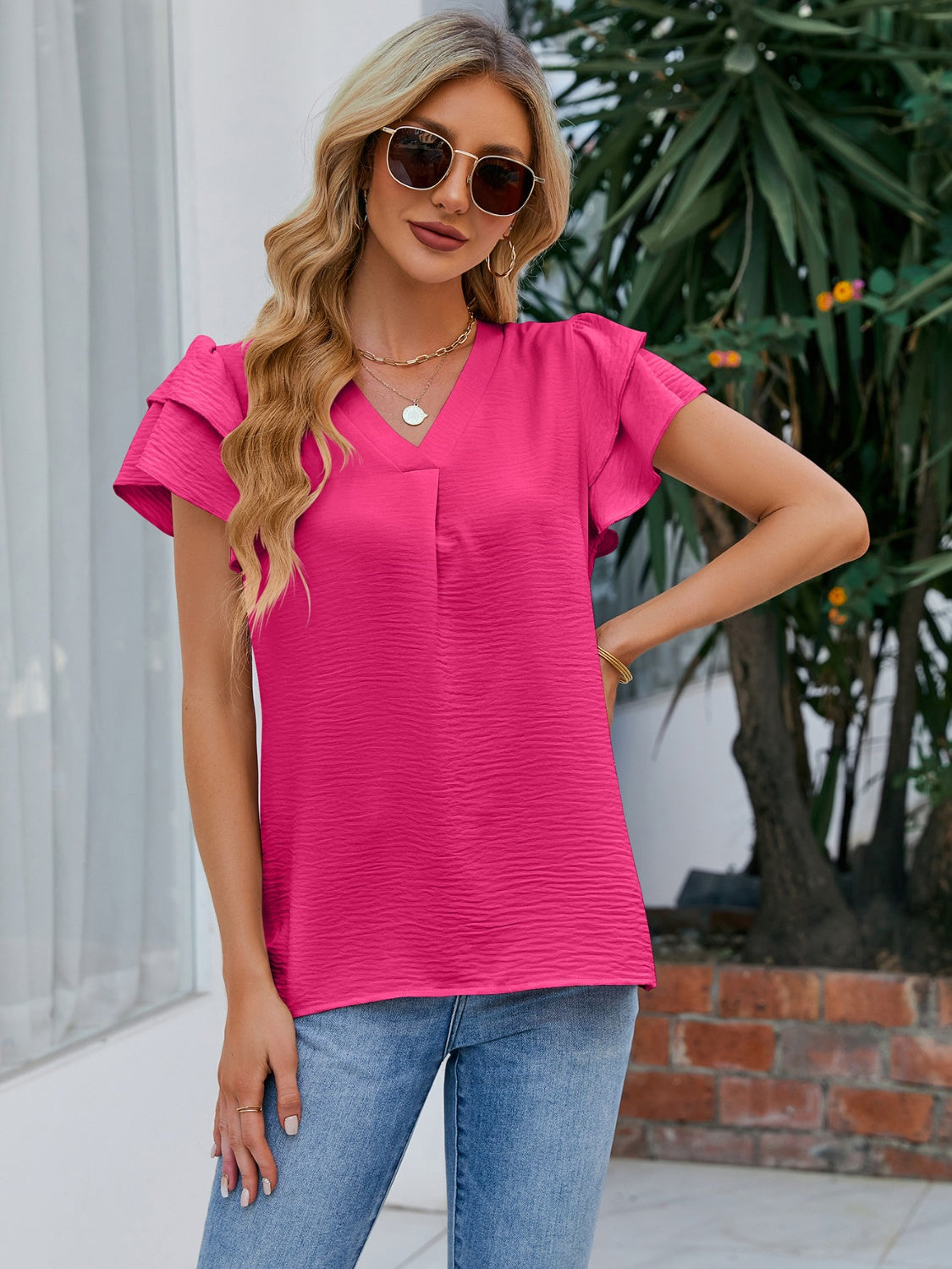 V-Neck Flounce Sleeve Blouse