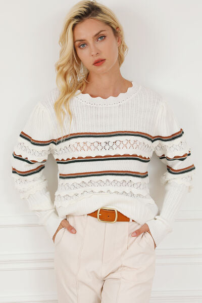 Openwork Striped Round Neck Sweater