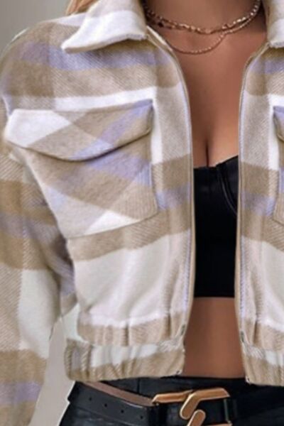 Plaid Zip Up Dropped Shoulder Jacket