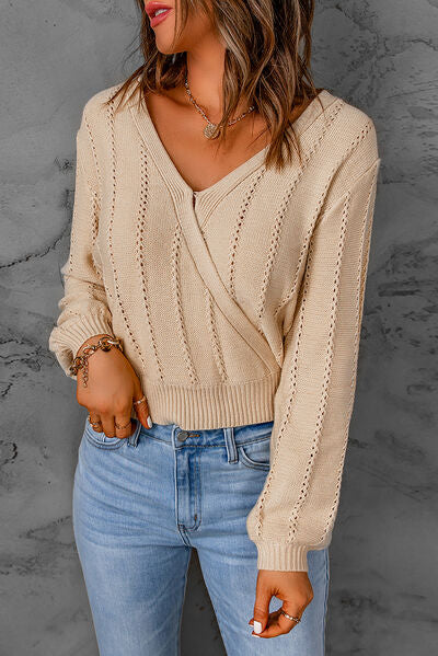 Openwork Surplice Dropped Shoulder Sweater