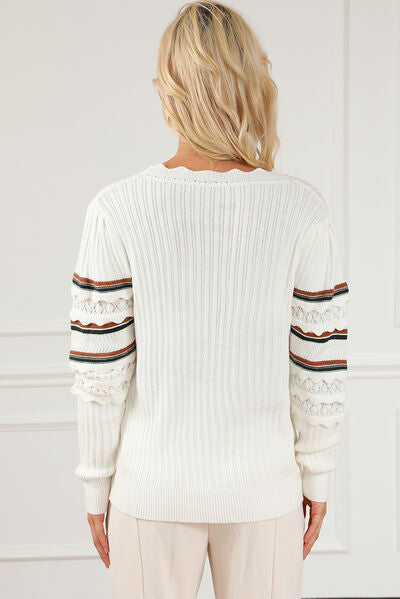 Openwork Striped Round Neck Sweater