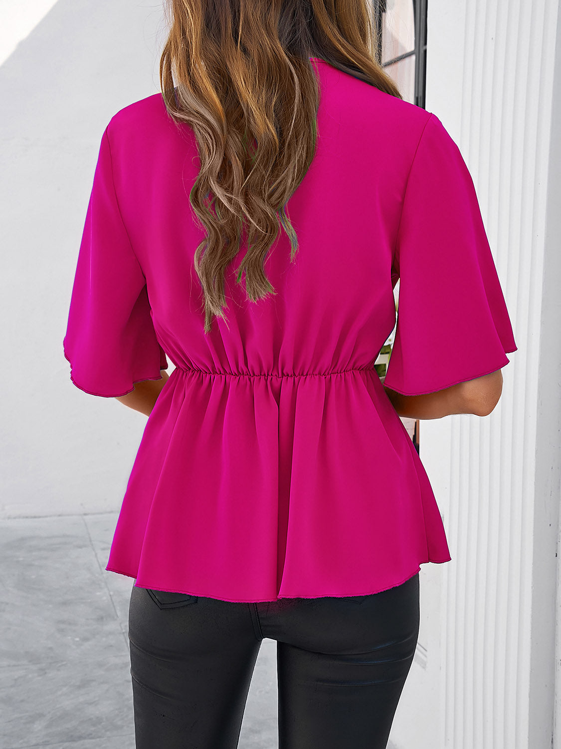 Surplice Tie Waist Half Sleeve Blouse