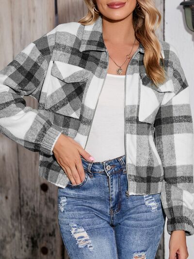 Plaid Zip Up Dropped Shoulder Jacket