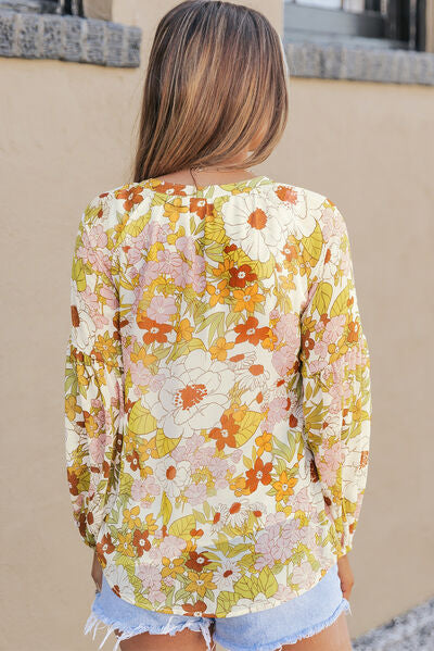 Floral Notched Balloon Sleeve Blouse