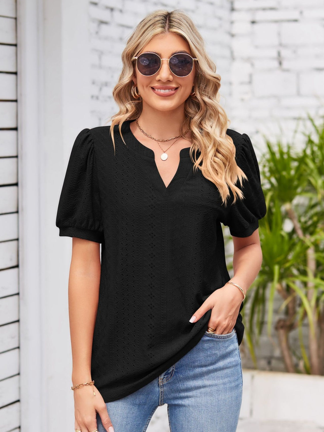 Eyelet Notched Short Sleeve Blouse