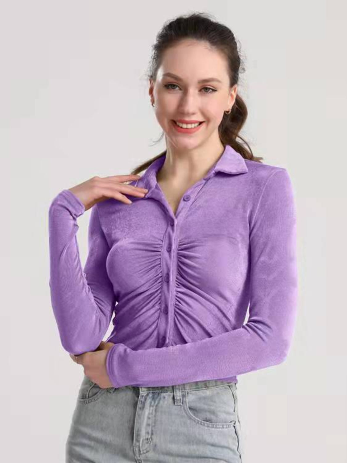 Ruched Button Up Long Sleeve T-Shirt