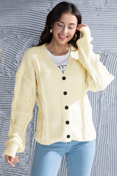 Button Up V-Neck Drop Shoulder Long Sleeve Cardigan