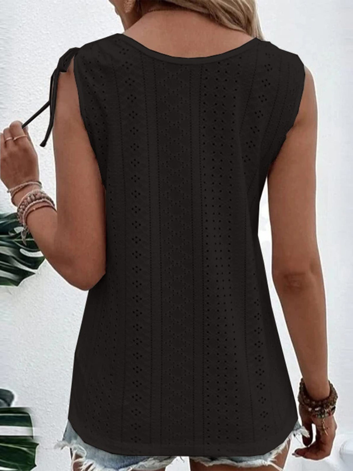 Eyelet Tie Shoulder Scoop Neck Tank