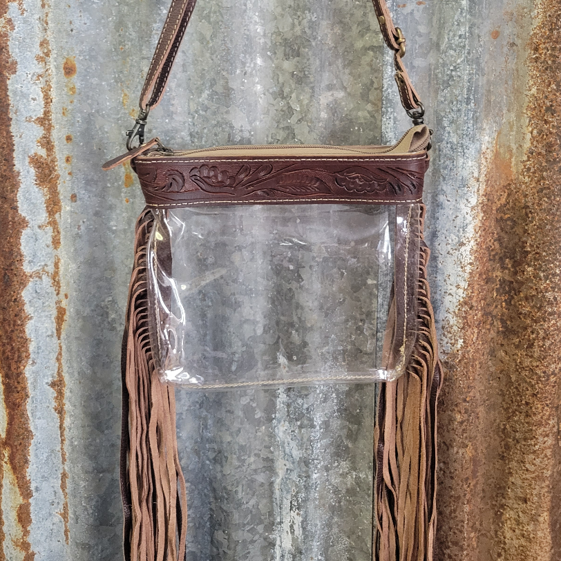 Small Clear Bag, Hand-Tooled Leather Trim, Leather Fringe Trim, 22
