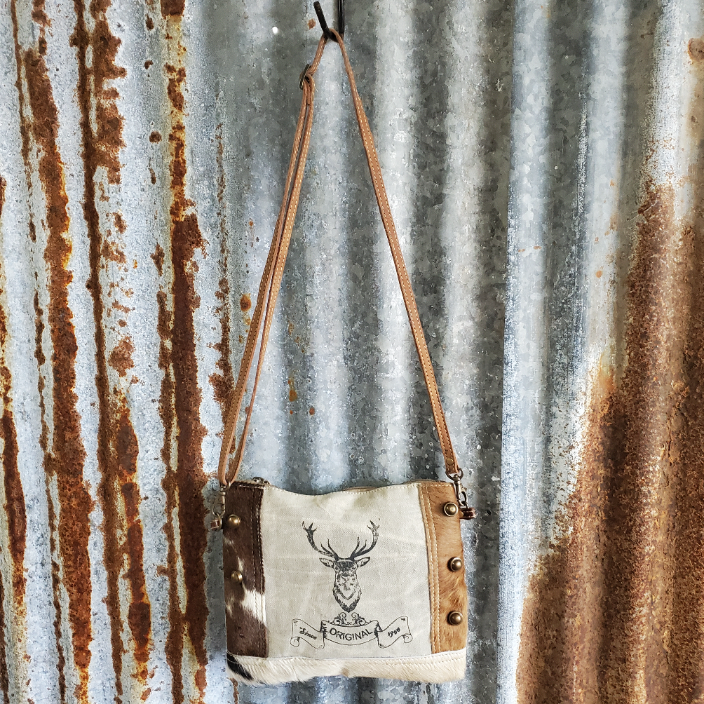 Brown Canvas, Deer Head Print crossbody, Cowhide Trim, 26