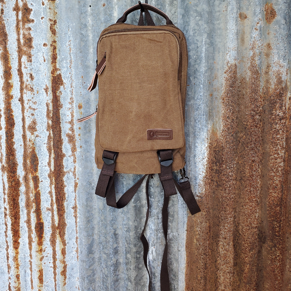 Medium Brown Canvas Backpack, Laptop Sleeve, 3 Zippered Compartments, Adjustable Padded Straps - GK
