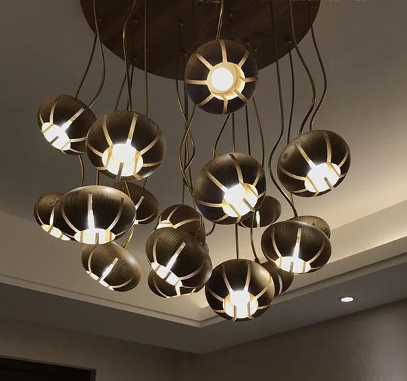 Wooden Petal Round Cluster Pendant Light