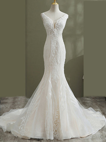 Sheer V-neck Long Floral Lace Trumpet Wedding Dresses