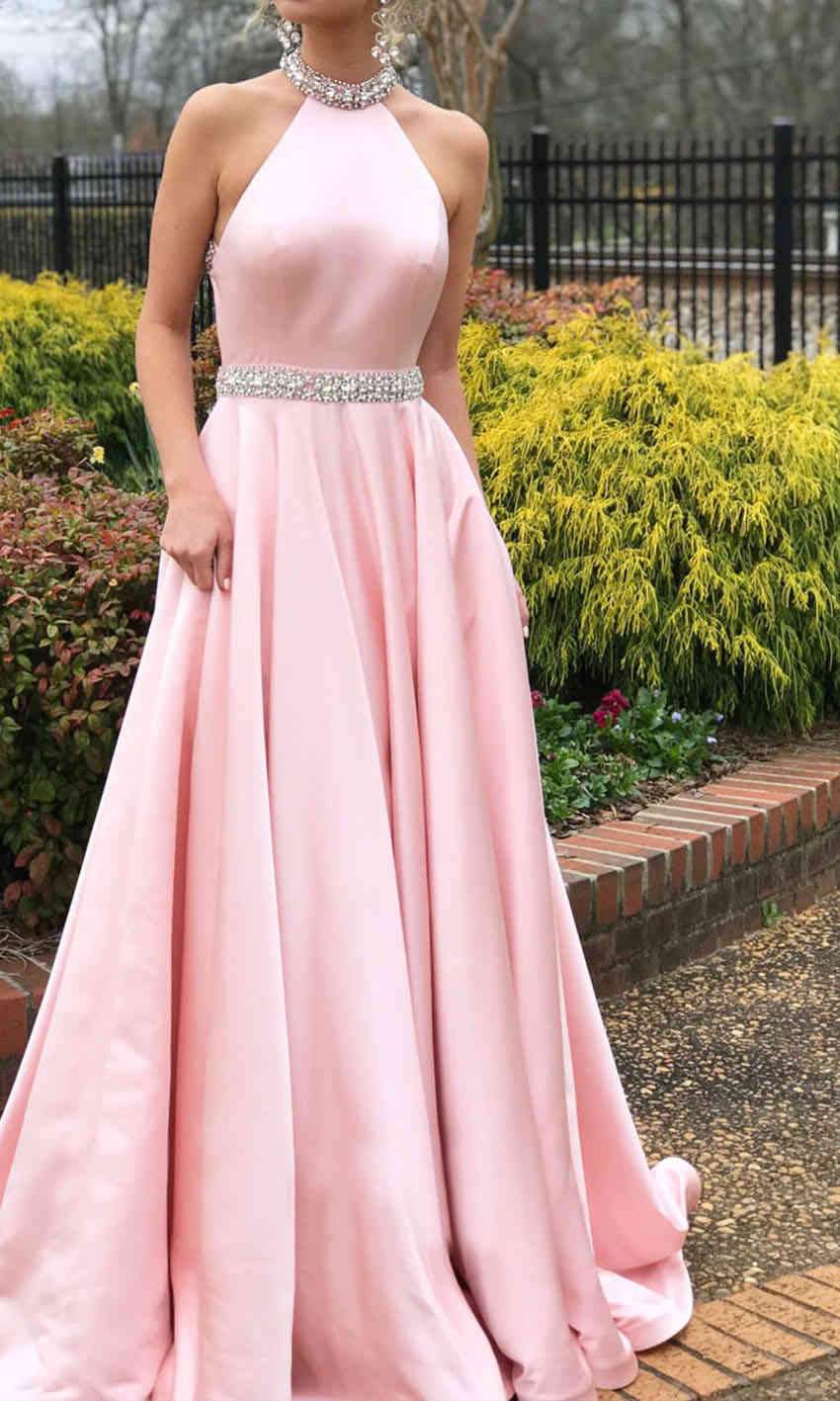 Light Pink Embellishment Halter Satin Puffy Prom Dresses