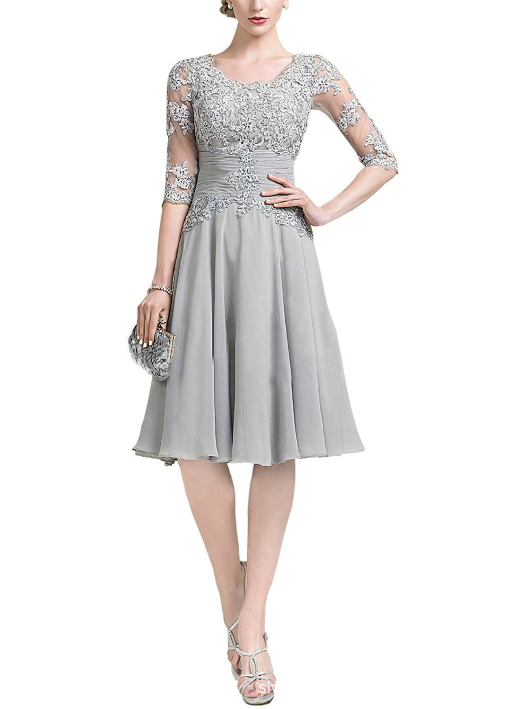 Tea Length Floral Lace Mother of The Bride Dress