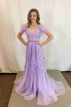 Sheer Plunging Neckline Applique Feather Prom Dresses
