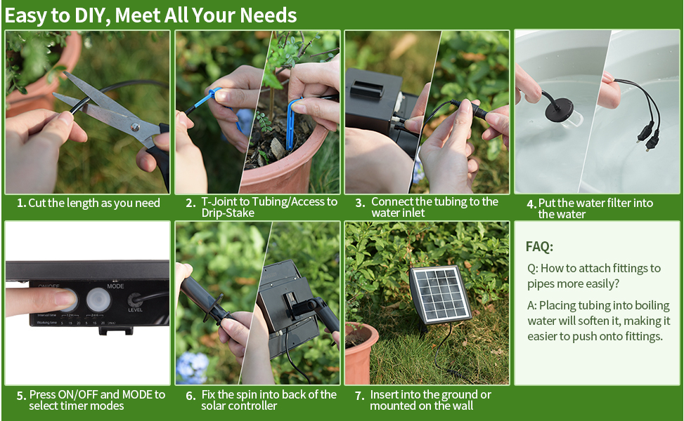 Q: How to attach fittings to pipes more easily?A: Placing tubing into boiling water will soften it, making it easier to push onto fittings.