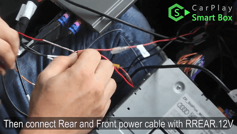 14.Then connect rear and front power cable with RREAR 12V.
