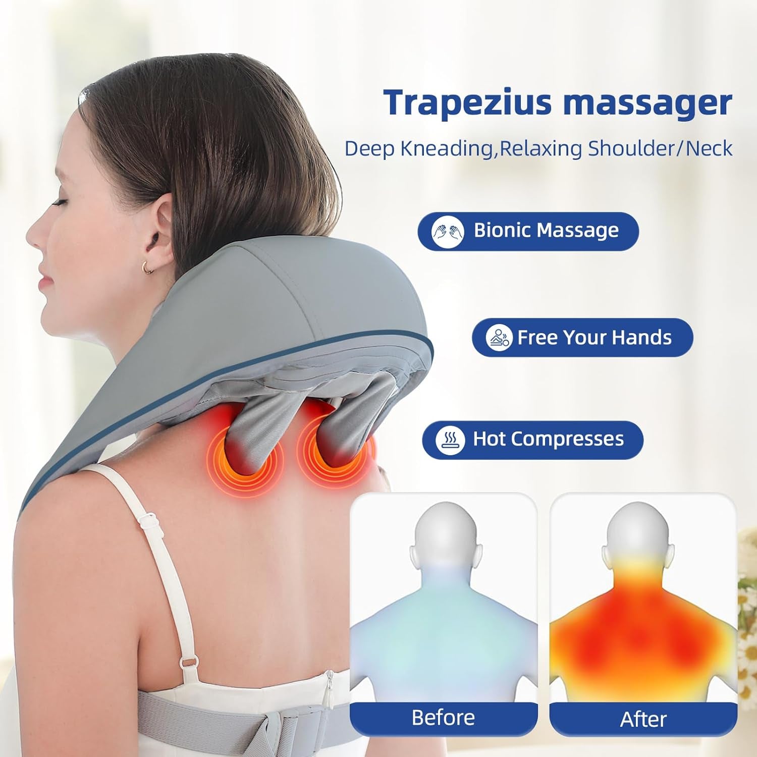 Portable Cordless Neck and Shoulder Massager - Shiatsu Kneading - for Women and Men