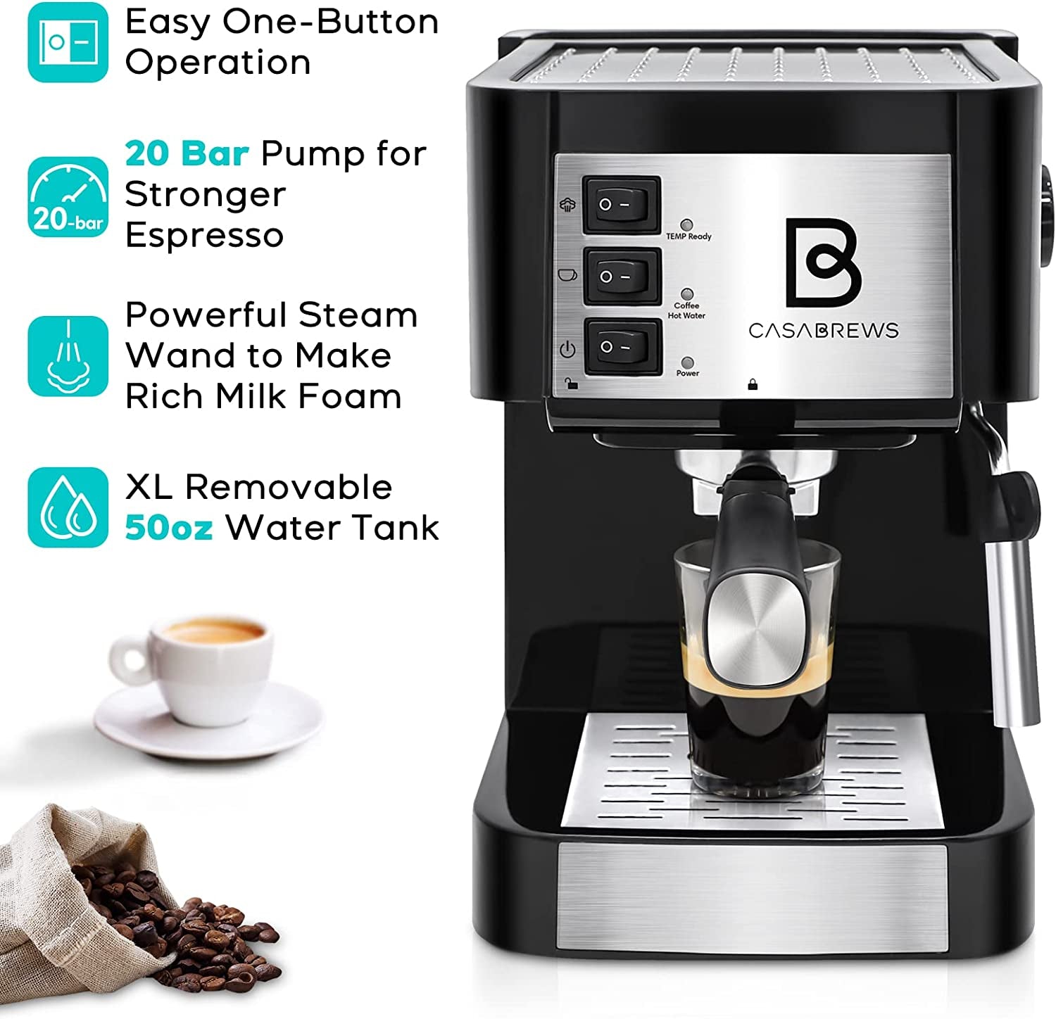 CASABREWS 20 Bar Espresso Machine with Milk Frother and Removable Water Tank - Gift for Coffee Lovers