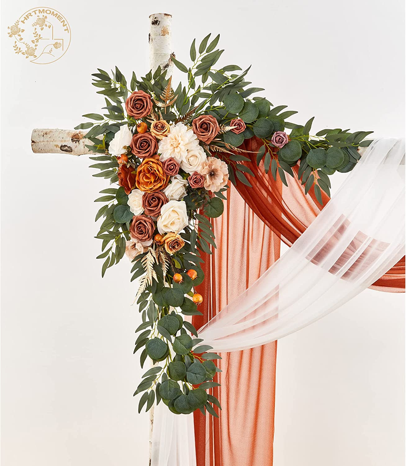 Artificial Wedding Arch Flowers Kit Set of 4 with Fall Terracotta Swag and Drape - Ceremony and Reception Backdrop Decoration