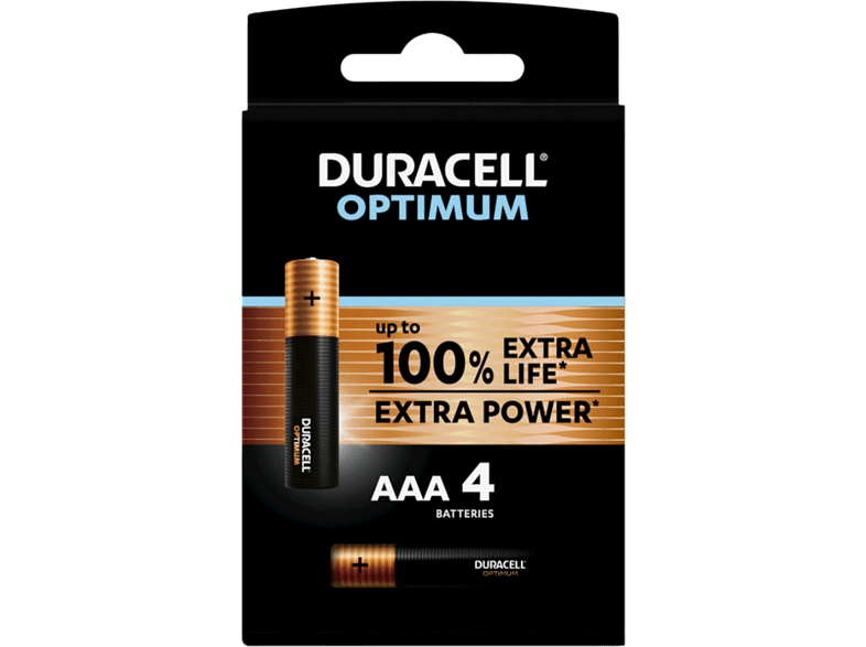 Pilas AAA - Duracell Optimum, 4 Unidades, 1.5 V LR03 / LR3 MX2400, Negro