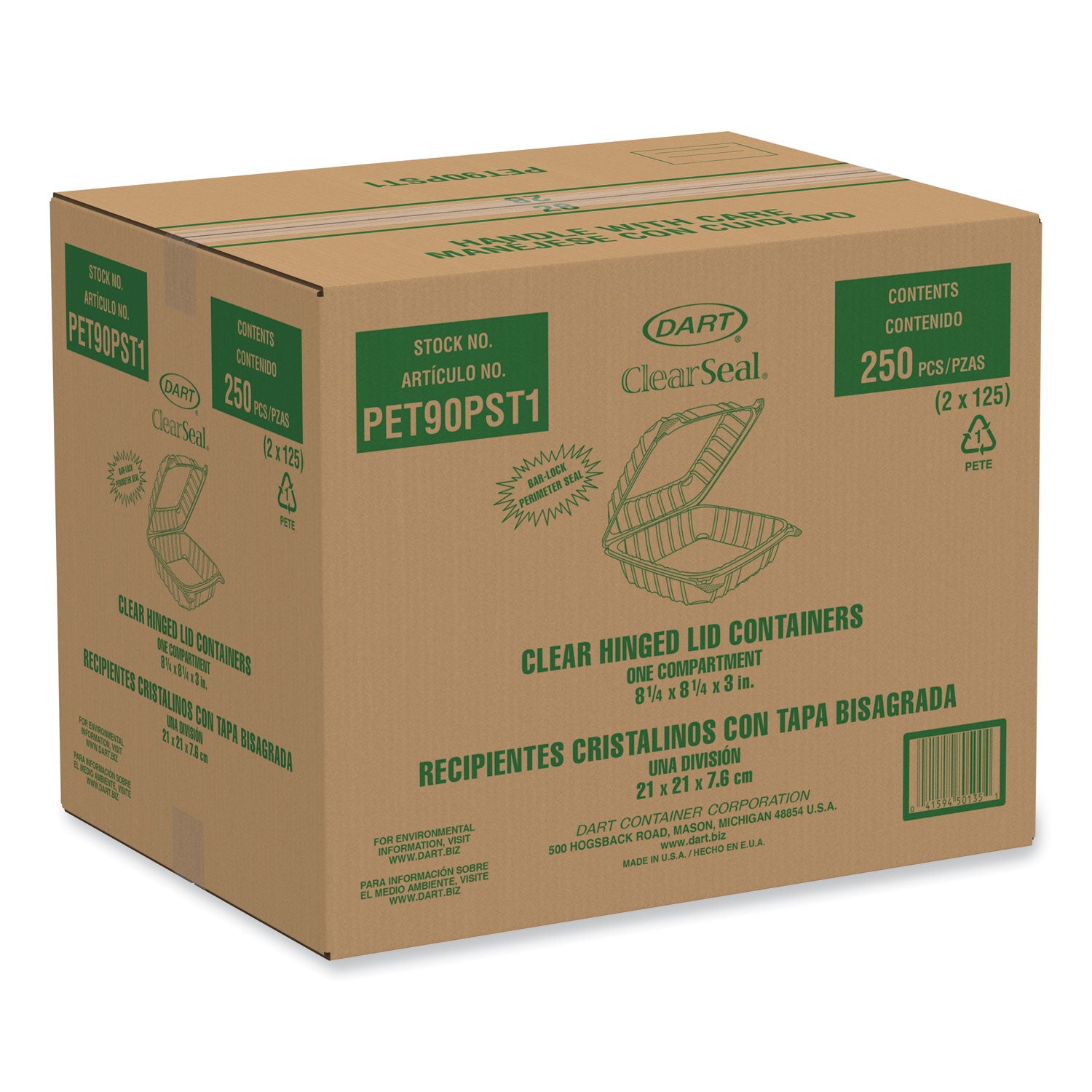 Dart? ClearSeal Hinged-Lid Plastic Containers, 8.22w x 3.02h, Clear, Plastic, 250/Carton