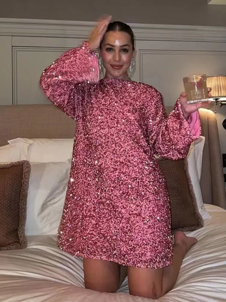Long-sleeved loose sequined dress