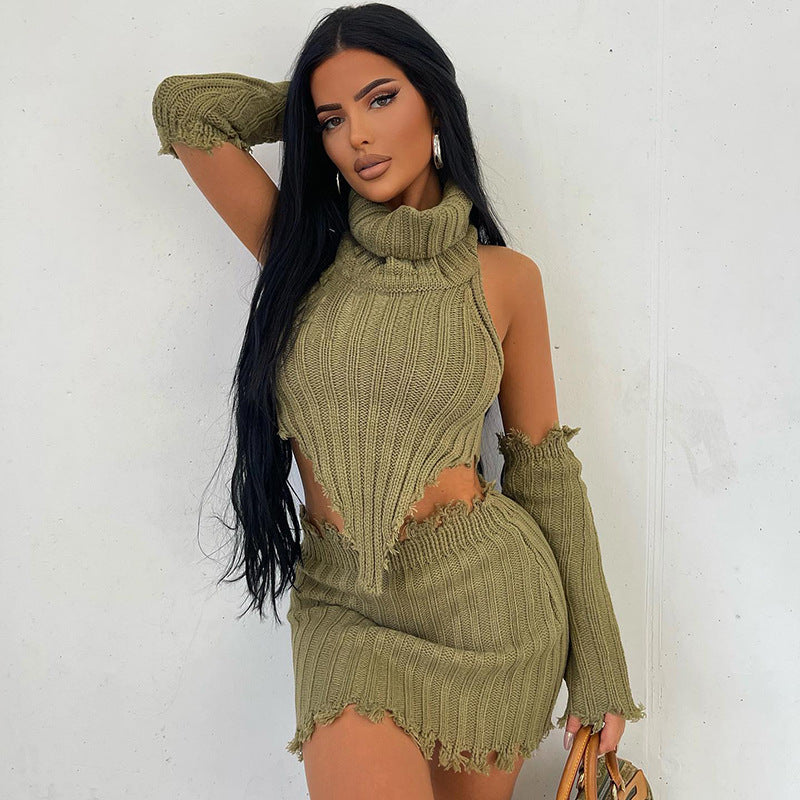 turtleneck knitted backless two-piece set