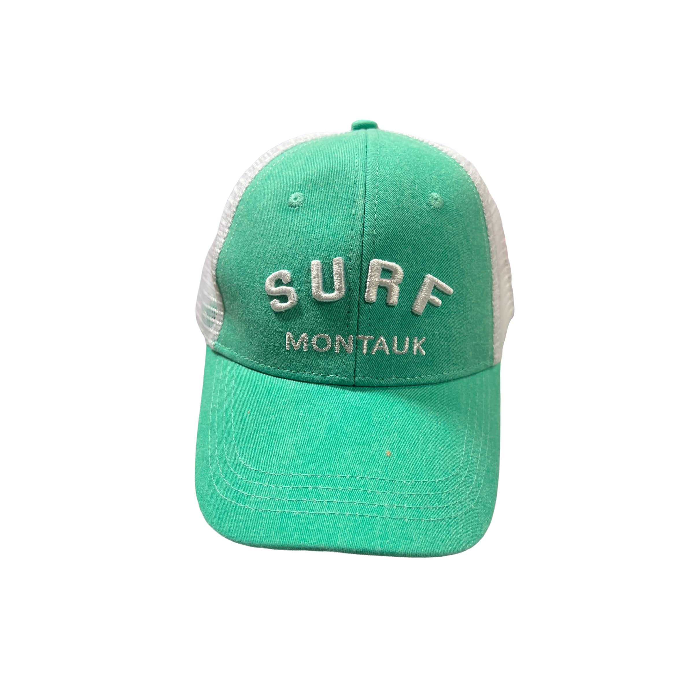 Surf Montauk Embroidered Trucker Hat in Green and White