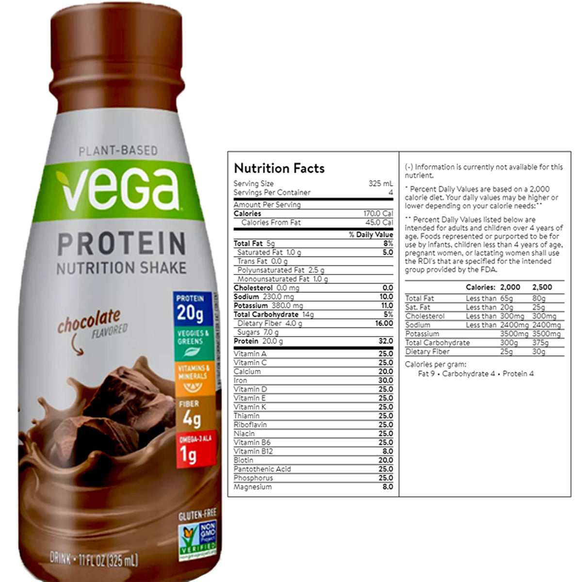 Plant Based Vega Protein Vegan Nutritional Shake Chocolate - 4 pk.