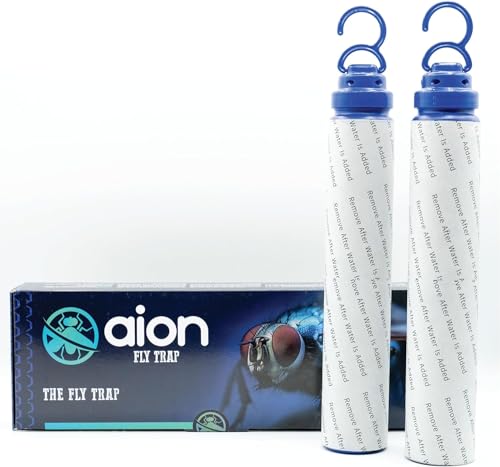 Aion Outdoor Fly Traps with Natural Bait Attractant and Hanging Hooks for Trapping Fruit and Horse Flies, Gnats, and Flying Insects or Bugs, Patio, Camping, and Backyard Disposable Catchers, 2 Pack