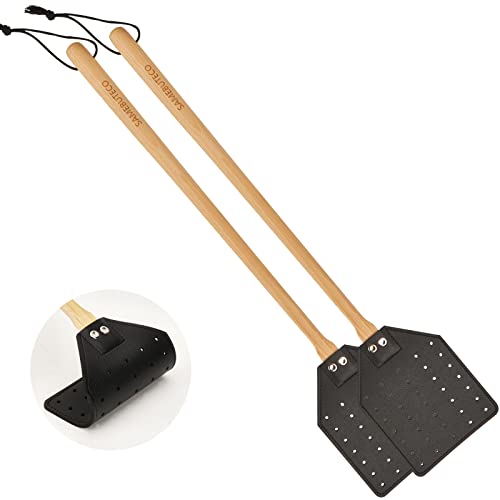 SAMEBUTECO Leather Fly Swatter Black Effective Insects Catcher with Heavy-Duty Design and Bench Wood Handle - 19.7