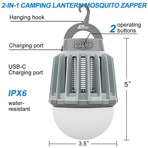 Wisely Bug Zapper Outdoor/Indoor Electric, USB-C Rechargeable Mosquito Killer Lantern Lamp, Portable Insect Electronic Zapper Indoor Trap, with LED Light 1PK Slate