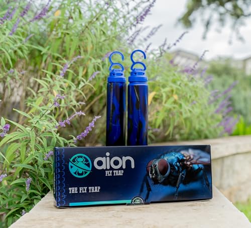 Aion Outdoor Fly Traps with Natural Bait Attractant and Hanging Hooks for Trapping Fruit and Horse Flies, Gnats, and Flying Insects or Bugs, Patio, Camping, and Backyard Disposable Catchers, 2 Pack