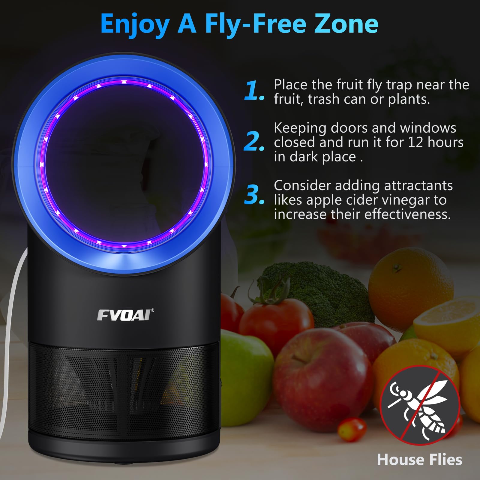 FVOAI Fruit Fly Trap for Indoors, Fly Traps Indoor for Home Bug Zapper M3 Indoor Insect Trap with Suction, Time Setting, Bug Light & 10 Pcs Sticky Glue Boards (Blue)