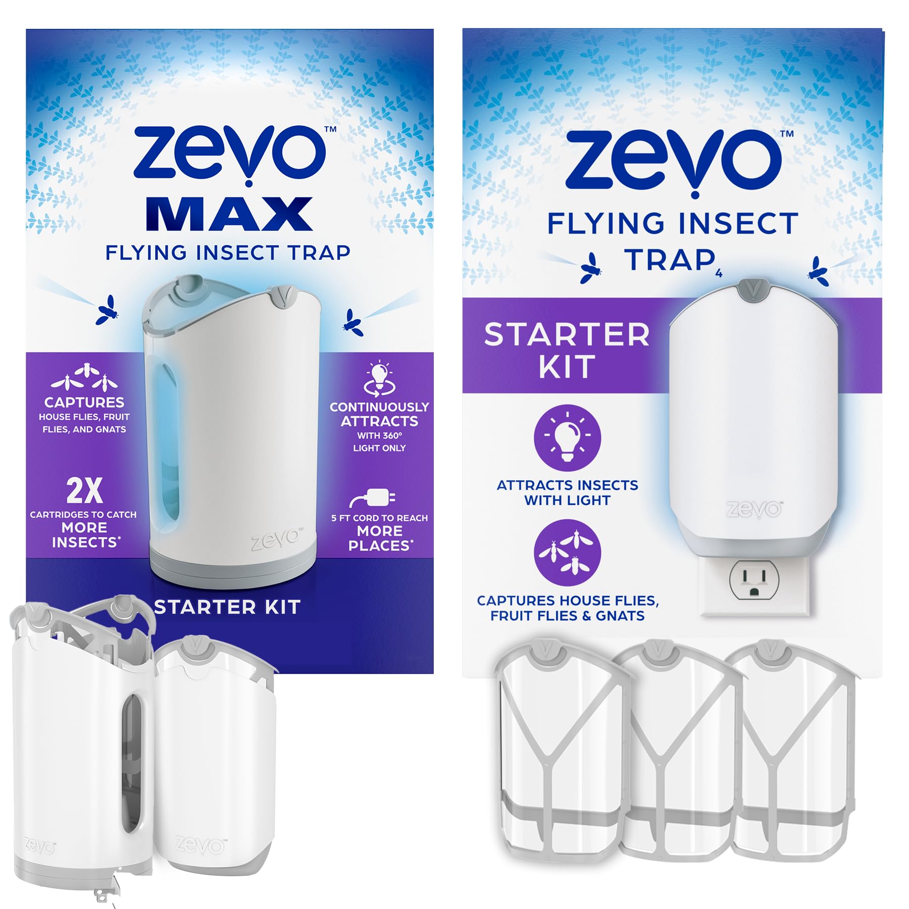 Zevo MAX Flying Insect Trap + Zevo Flying Insect Trap, Fly Trap Captures Houseflies, Fruit Flies, and Gnats (2 Plug-in Bases + 3 Cartridges)