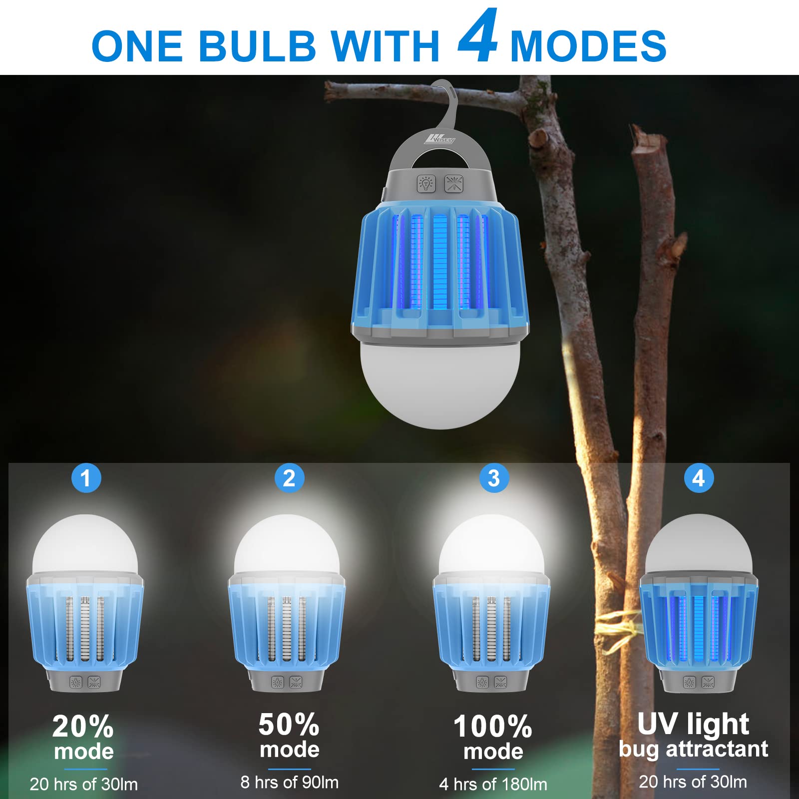 Wisely Bug Zapper Outdoor/Indoor Electric, USB-C Rechargeable Mosquito Killer Lantern Lamp, Portable Insect Electronic Zapper Indoor Trap, with LED Light, Sky Blue