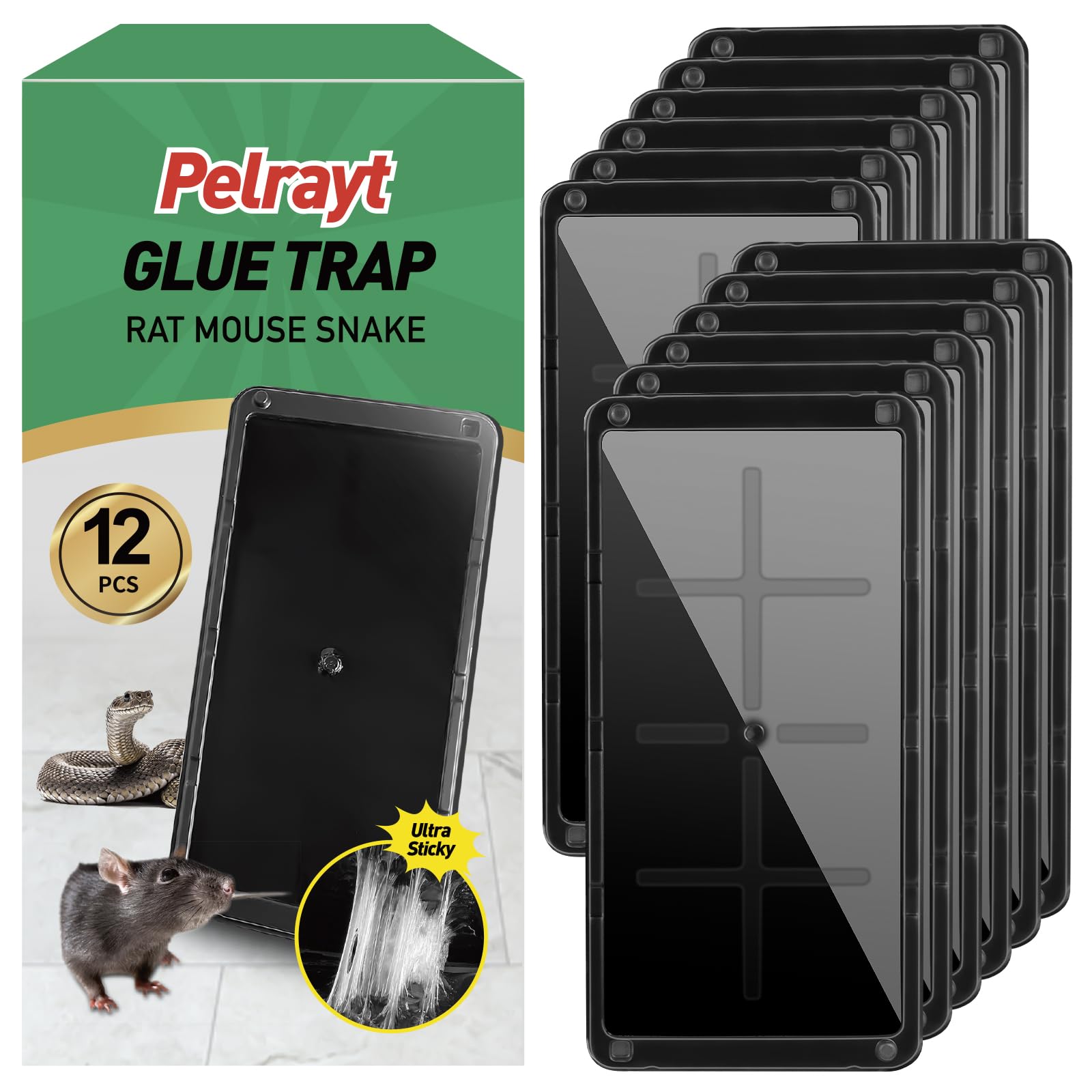 PELRAYT Super Glue Mouse Traps Indoor, Rat Trap 12pk, Glue Traps for Mice and Rats : Super Heavy-Duty, Larger Sticky Traps for Mouse & Snakes - Non-Toxic, Safe for Children & Pets, Easy to Set