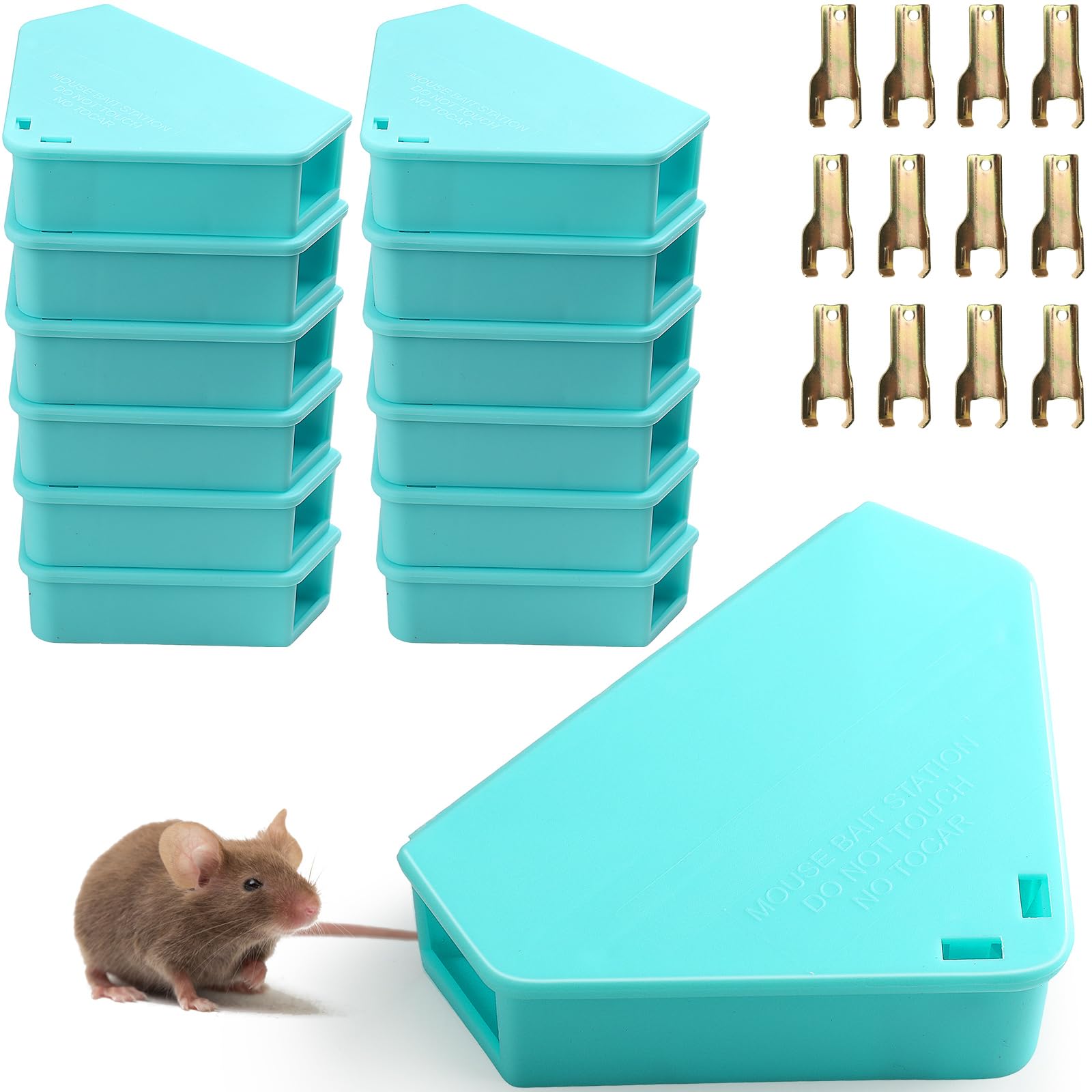 Kittmip 12 Pcs Triangle Mouse Station with Keys, Key Required Mouse Bait Station, Reusable Humane Rodent Box Against Mice Chipmunks Squirrels for Kitchen Living Room Office Warehouse (Blue)