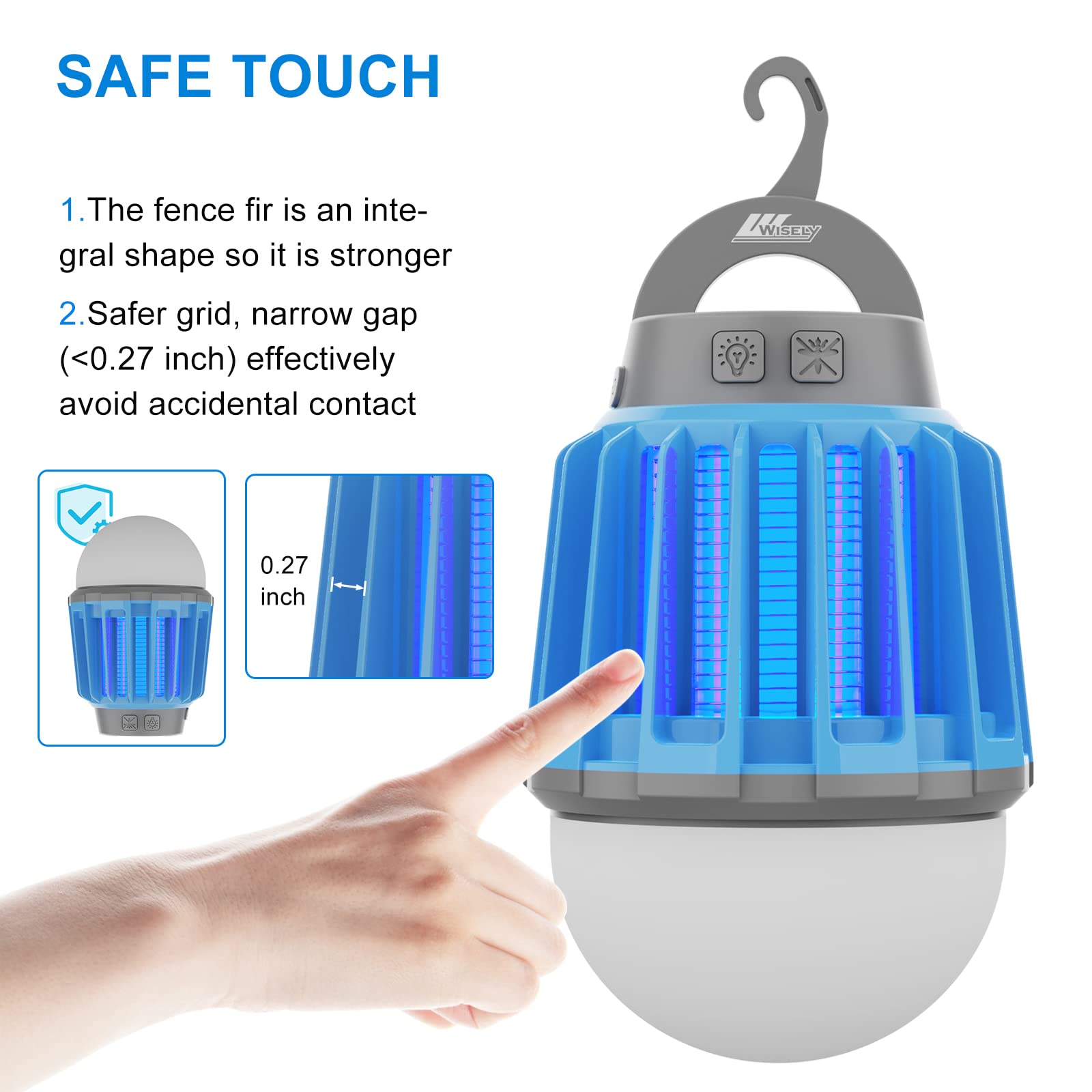 Wisely Bug Zapper Outdoor/Indoor Electric, USB-C Rechargeable Mosquito Killer Lantern Lamp, Portable Insect Electronic Zapper Indoor Trap, with LED Light, Sky Blue