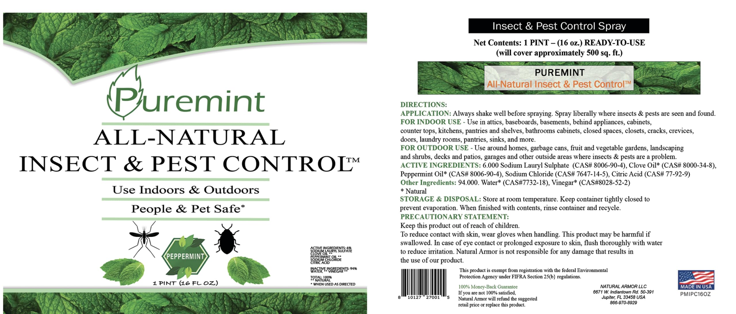 Puremint Insect & Pest Control, Powerful & Natural 5% Peppermint Oil Spray for Ants, Spiders, Bed Bugs, Dust Mites, Roaches and More - Indoor and Outdoor Use, 16 fl oz Pint