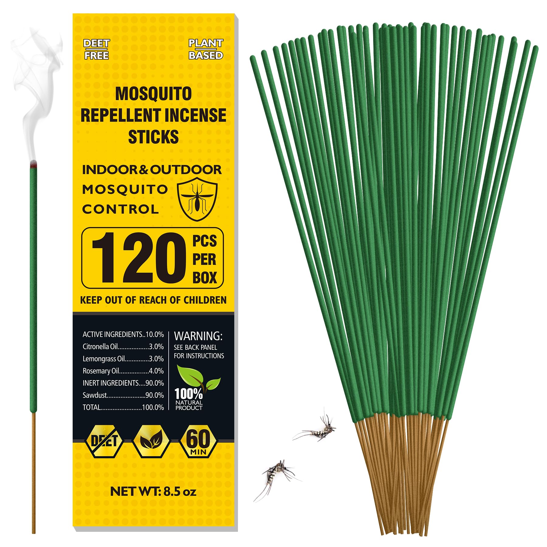 BugBai Mosquito Repellent Outdoor Patio 120 PCS, Citronella Oil Mosquito Incense Sticks Indoor Home Pet Family Safe, Natural Plant-Based Bug Insect Barrier for Yard Garden Lawn Camping Fishing