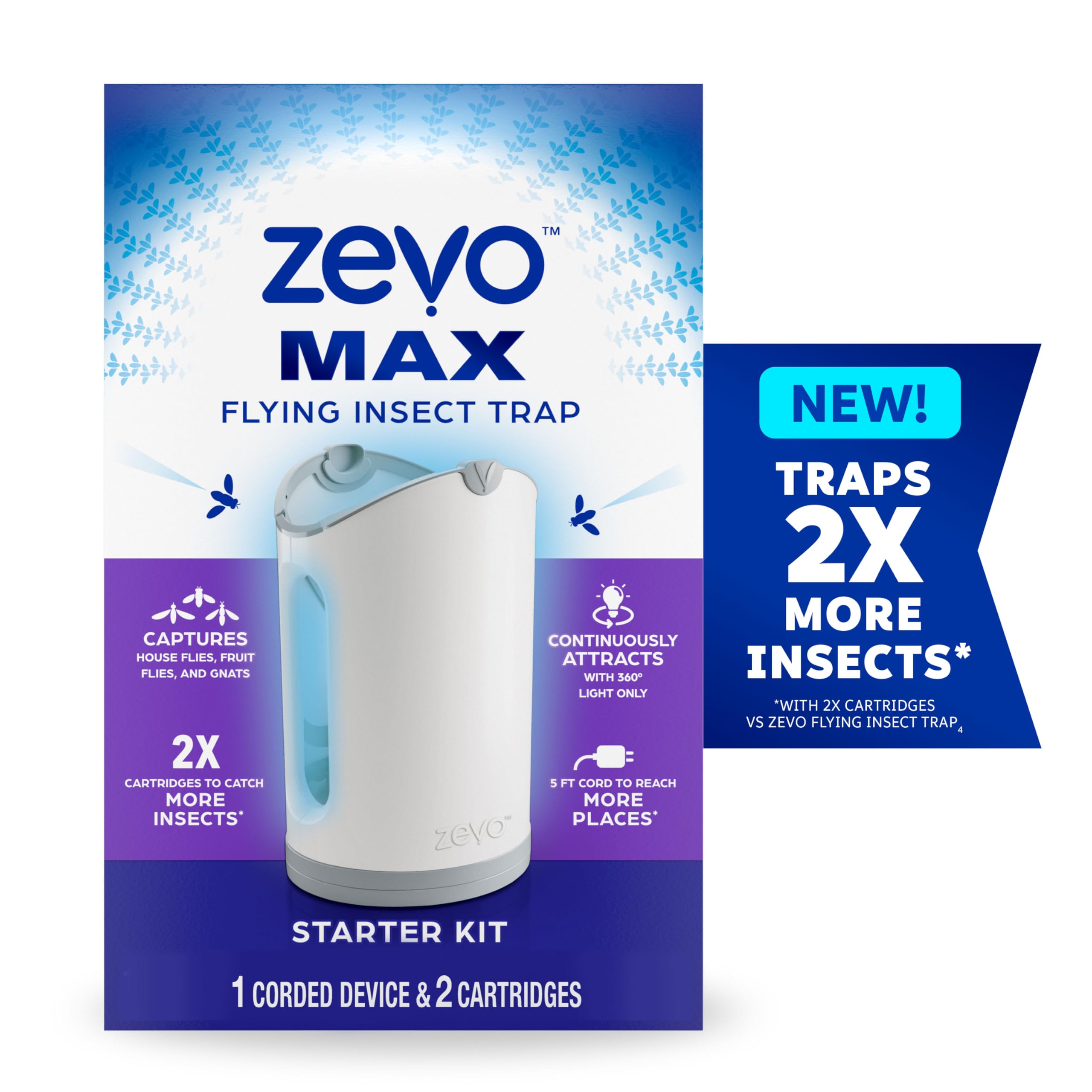 Zevo MAX Flying Insect Trap, Fly Trap Captures Houseflies, Fruit Flies, and Gnats (1 Plug-in Base + 2 Cartridges)